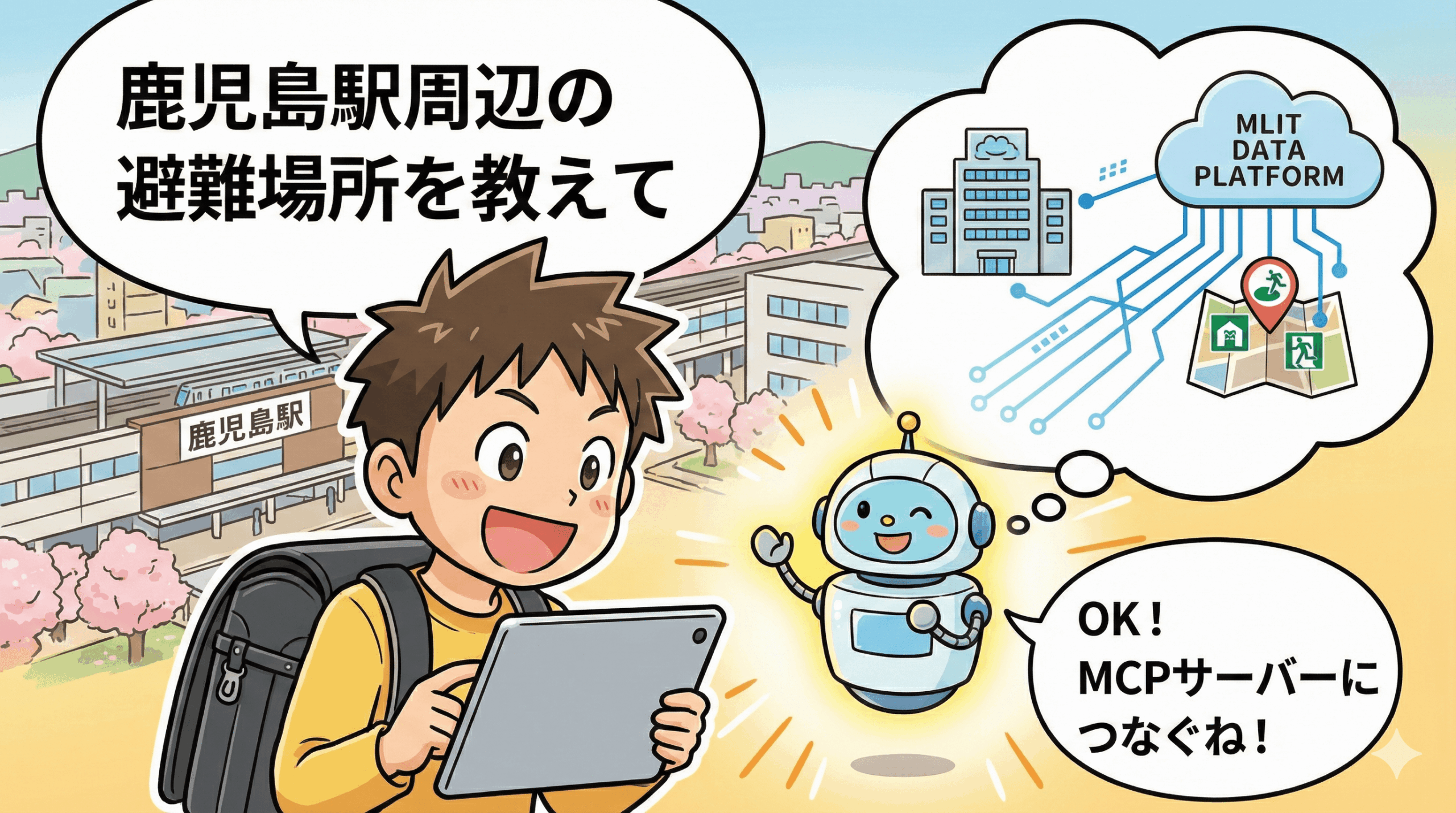 鹿児島駅前で避難場所を尋ねる男の子と、MCPサーバー経由で国土交通省のデータを参照しようとするAIロボットのイラスト